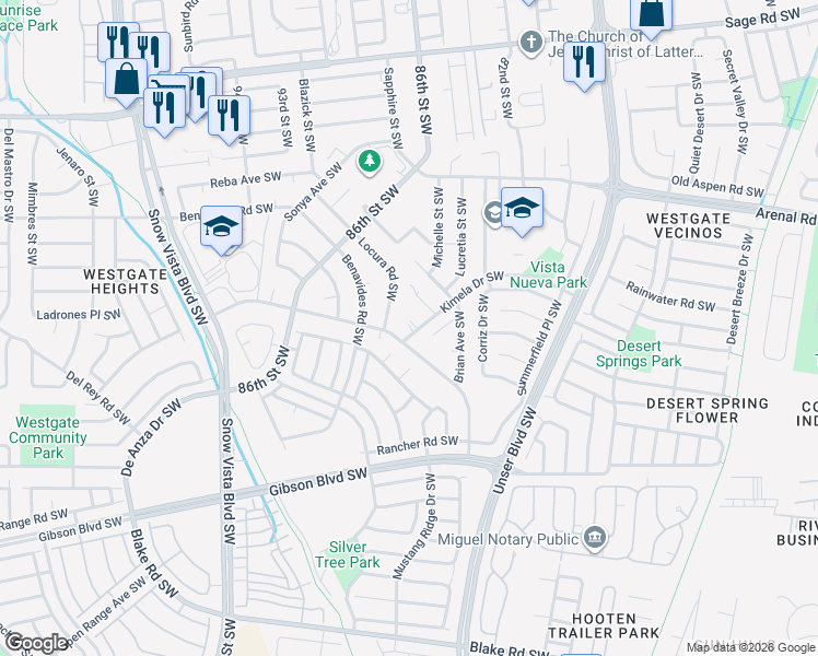 map of restaurants, bars, coffee shops, grocery stores, and more near 8601 Kimela Court Southwest in Albuquerque