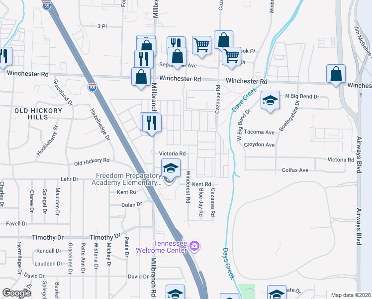 map of restaurants, bars, coffee shops, grocery stores, and more near 1776 Victoria Road in Memphis