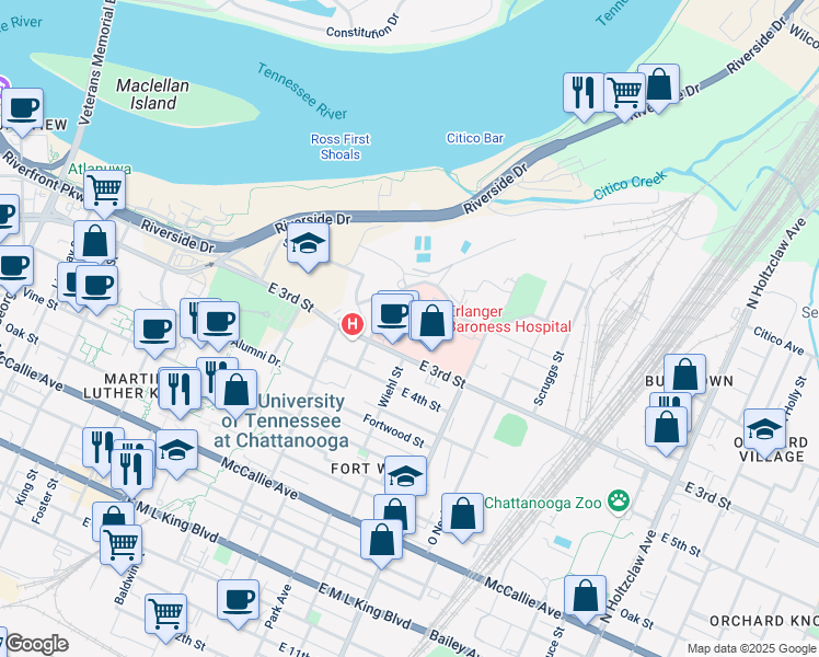 map of restaurants, bars, coffee shops, grocery stores, and more near 975 East 3rd Street in Chattanooga