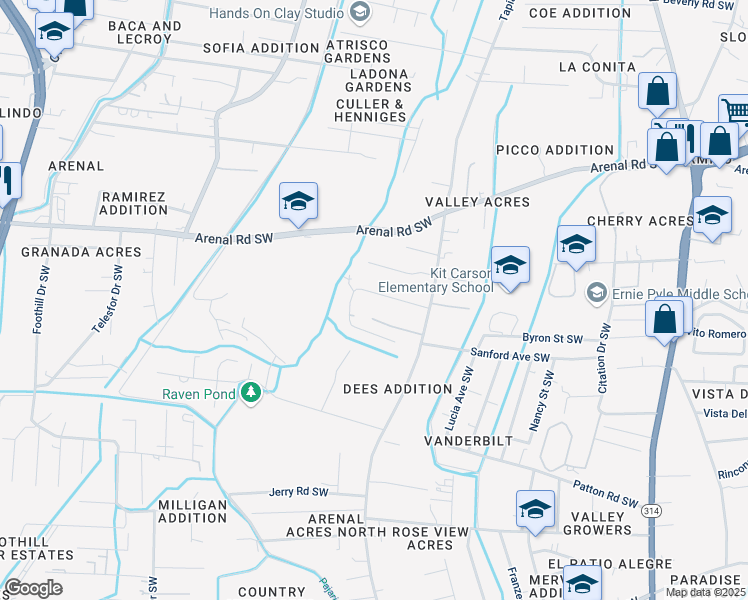 map of restaurants, bars, coffee shops, grocery stores, and more near 2130 Raven Lane Southwest in Albuquerque