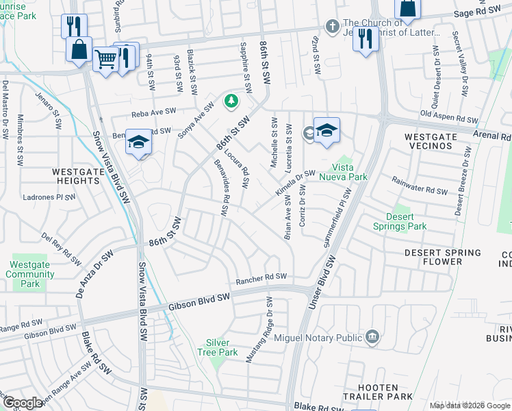 map of restaurants, bars, coffee shops, grocery stores, and more near 8601 Kimela Court Southwest in Albuquerque