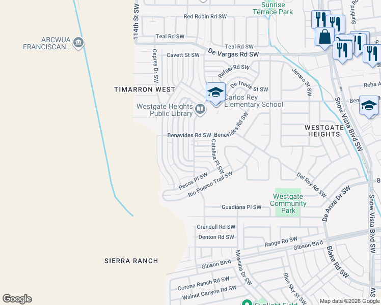 map of restaurants, bars, coffee shops, grocery stores, and more near 1502 Delgado Drive Southwest in Albuquerque