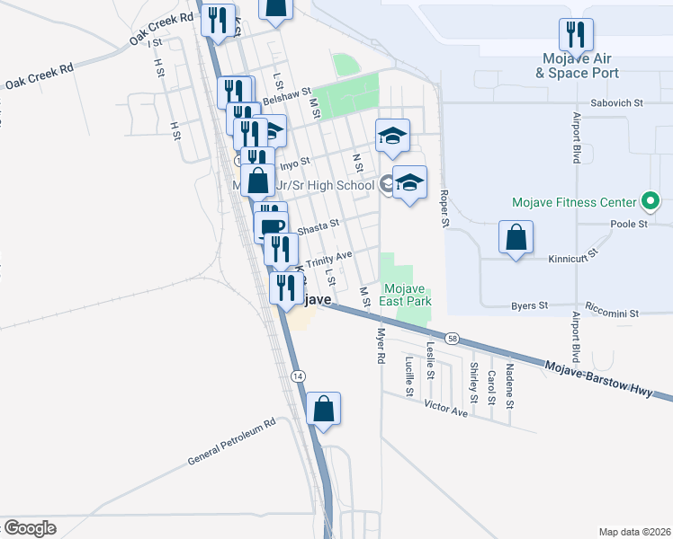 map of restaurants, bars, coffee shops, grocery stores, and more near 2226 Trinity Avenue in Mojave