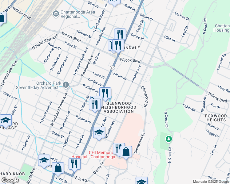 map of restaurants, bars, coffee shops, grocery stores, and more near 1105 Arlington Avenue in Chattanooga