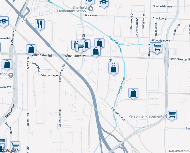 map of restaurants, bars, coffee shops, grocery stores, and more near 4280 Mount Hood Street in Memphis