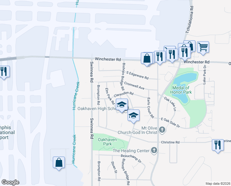 map of restaurants, bars, coffee shops, grocery stores, and more near 3641 Cromwell Cove in Memphis