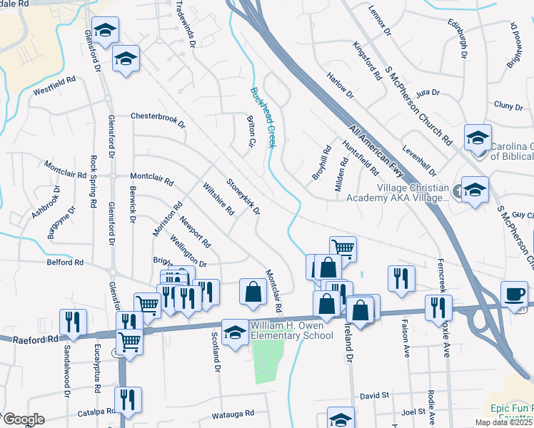 map of restaurants, bars, coffee shops, grocery stores, and more near 813 Stoneykirk Drive in Fayetteville