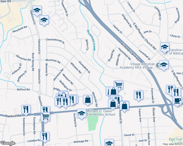 map of restaurants, bars, coffee shops, grocery stores, and more near 813 Stoneykirk Drive in Fayetteville