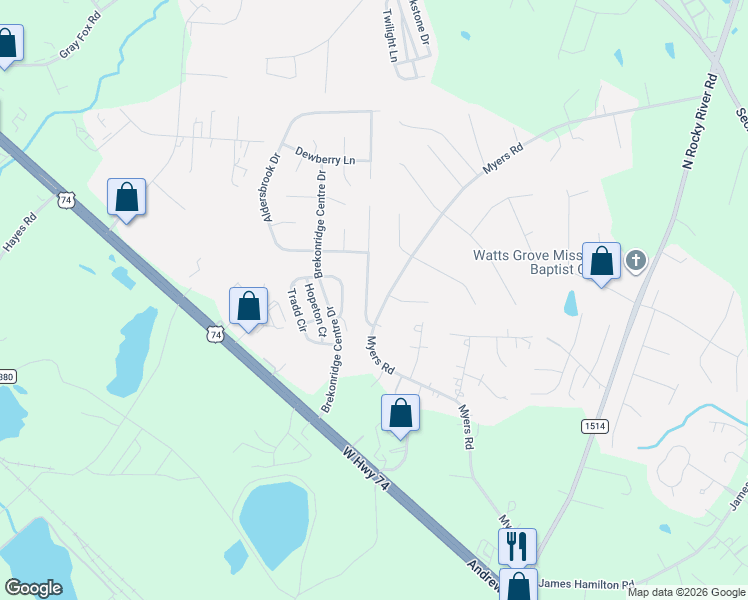 map of restaurants, bars, coffee shops, grocery stores, and more near 2818 Rosemeade Drive in Monroe