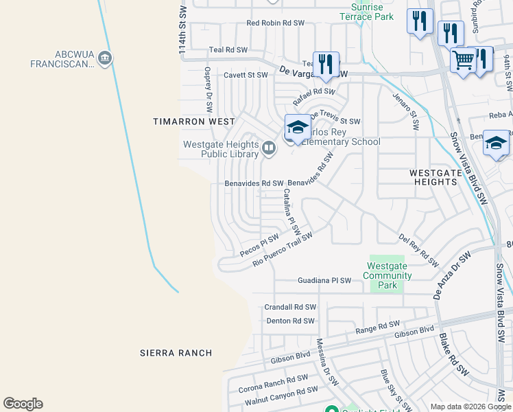map of restaurants, bars, coffee shops, grocery stores, and more near 1502 Delgado Drive Southwest in Albuquerque