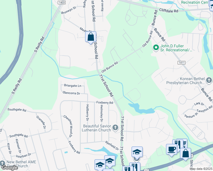 map of restaurants, bars, coffee shops, grocery stores, and more near 1210 71st School Road in Fayetteville