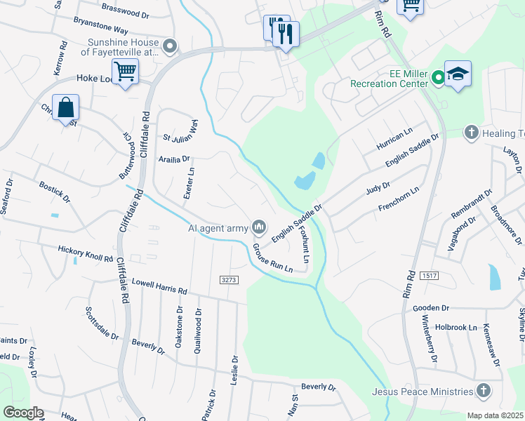 map of restaurants, bars, coffee shops, grocery stores, and more near 1609 Middle Creek Court in Fayetteville