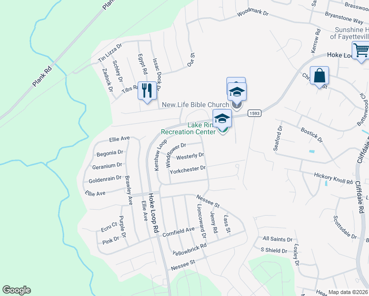 map of restaurants, bars, coffee shops, grocery stores, and more near 5021 Windflower Drive in Fayetteville
