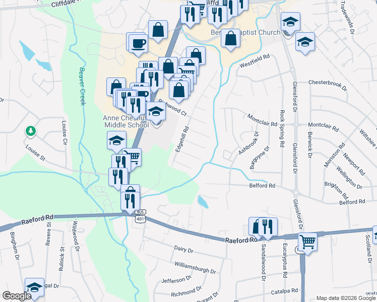 map of restaurants, bars, coffee shops, grocery stores, and more near 5487-5491 Maplewood Court in Fayetteville