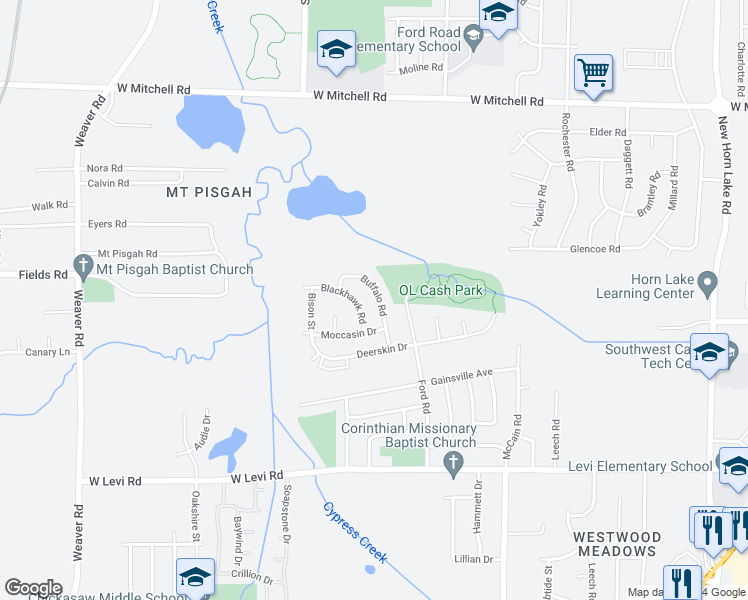 map of restaurants, bars, coffee shops, grocery stores, and more near 3659 Buffalo Road in Memphis