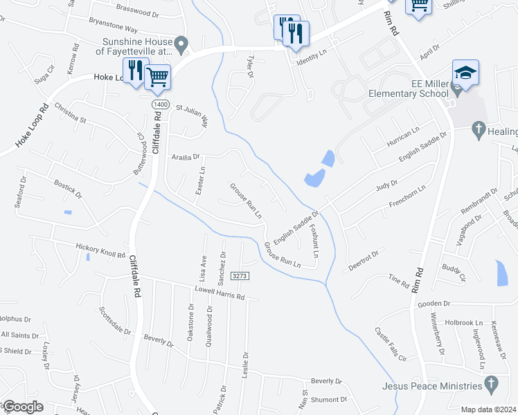 map of restaurants, bars, coffee shops, grocery stores, and more near 8920 Grouse Run Lane in Fayetteville