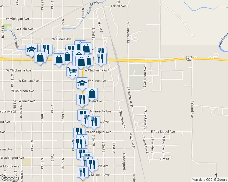 map of restaurants, bars, coffee shops, grocery stores, and more near 100 Colorado Avenue in Chickasha