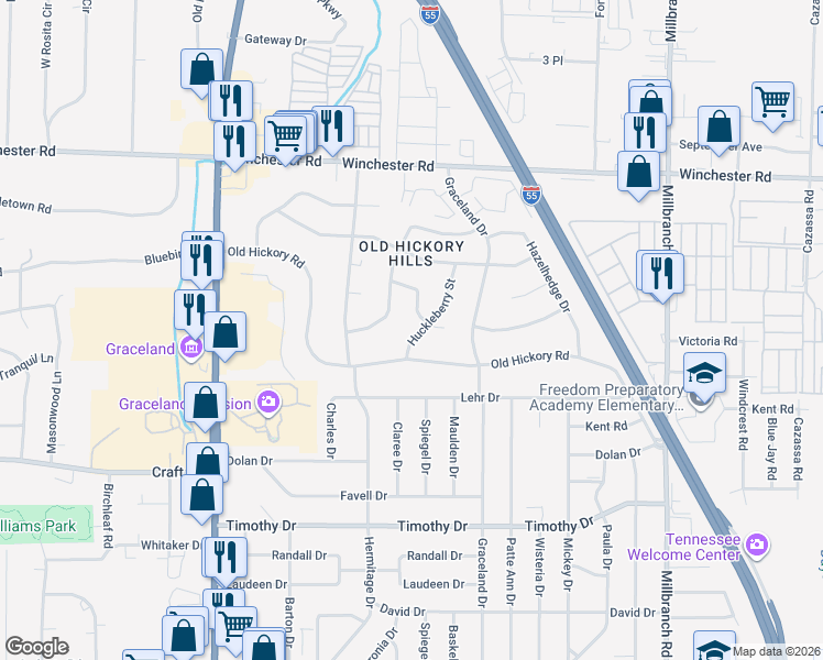 map of restaurants, bars, coffee shops, grocery stores, and more near 3665 Huckleberry Street in Memphis