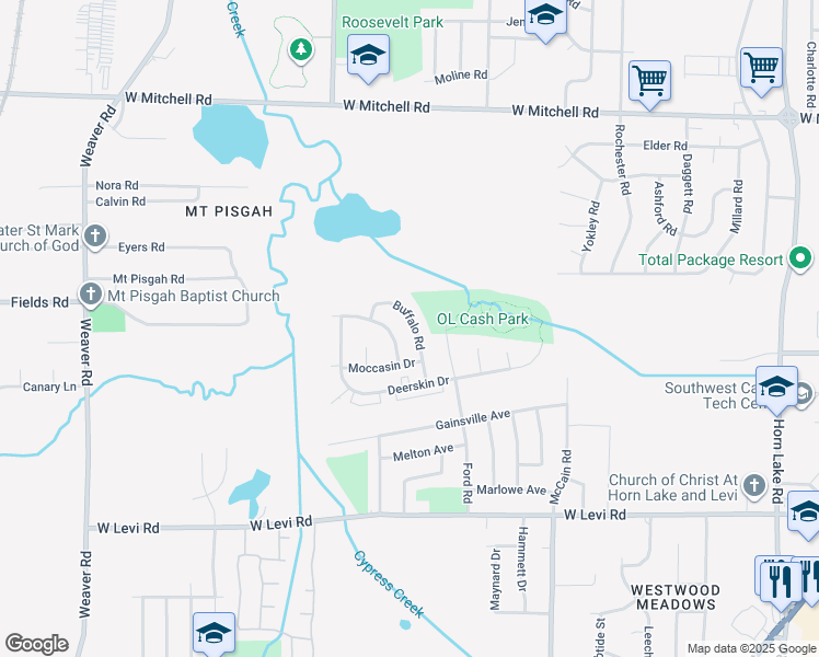 map of restaurants, bars, coffee shops, grocery stores, and more near 3649 Buffalo Road in Memphis