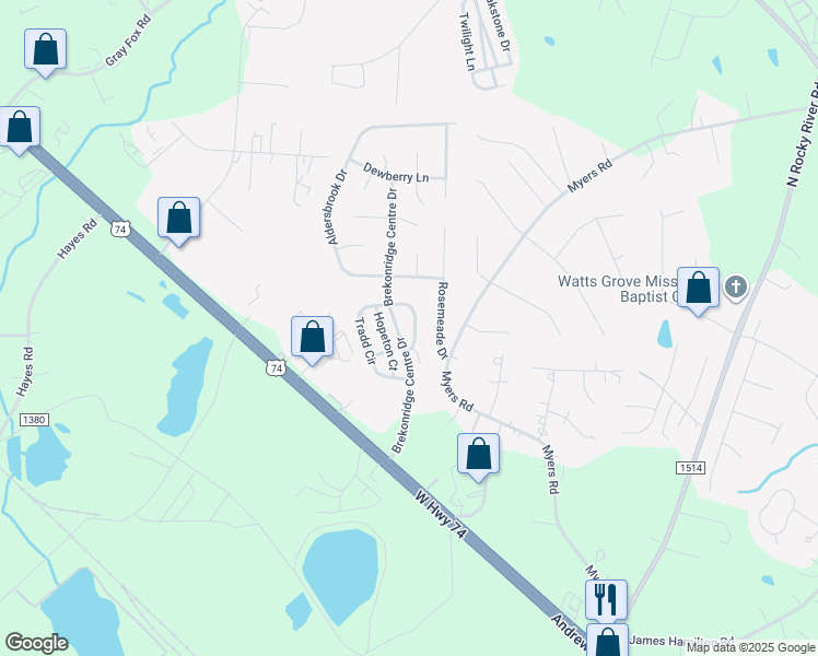 map of restaurants, bars, coffee shops, grocery stores, and more near 4543 Tradd Circle in Monroe