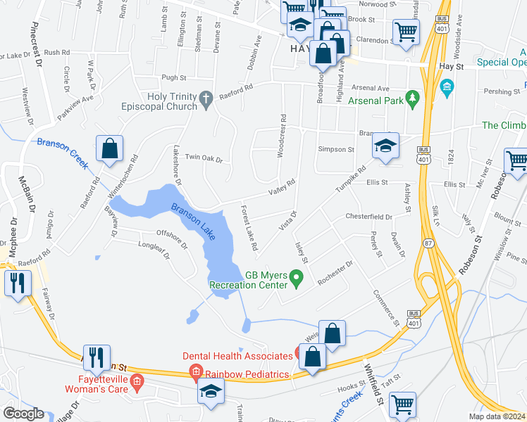 map of restaurants, bars, coffee shops, grocery stores, and more near 1416 Lakeview Drive in Fayetteville