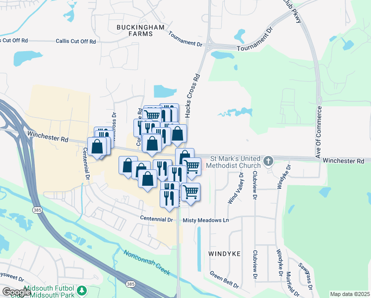 map of restaurants, bars, coffee shops, grocery stores, and more near 3690 Hacks Cross Road in Memphis