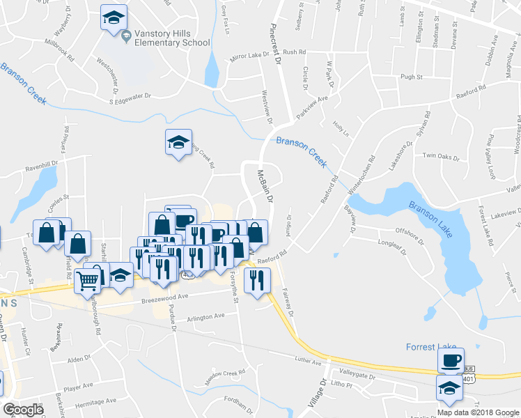 map of restaurants, bars, coffee shops, grocery stores, and more near 457 Mcphee Drive in Fayetteville