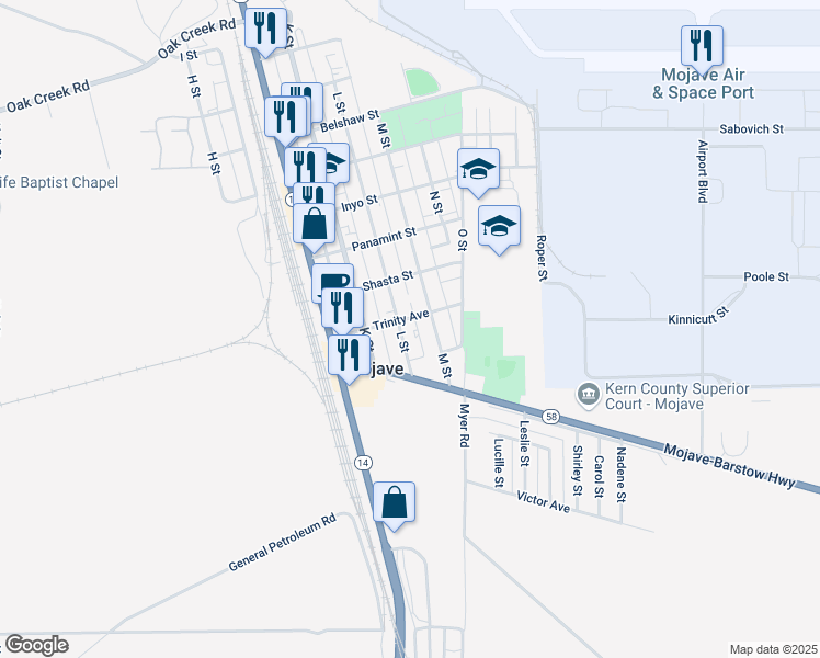 map of restaurants, bars, coffee shops, grocery stores, and more near 2226 Trinity Avenue in Mojave