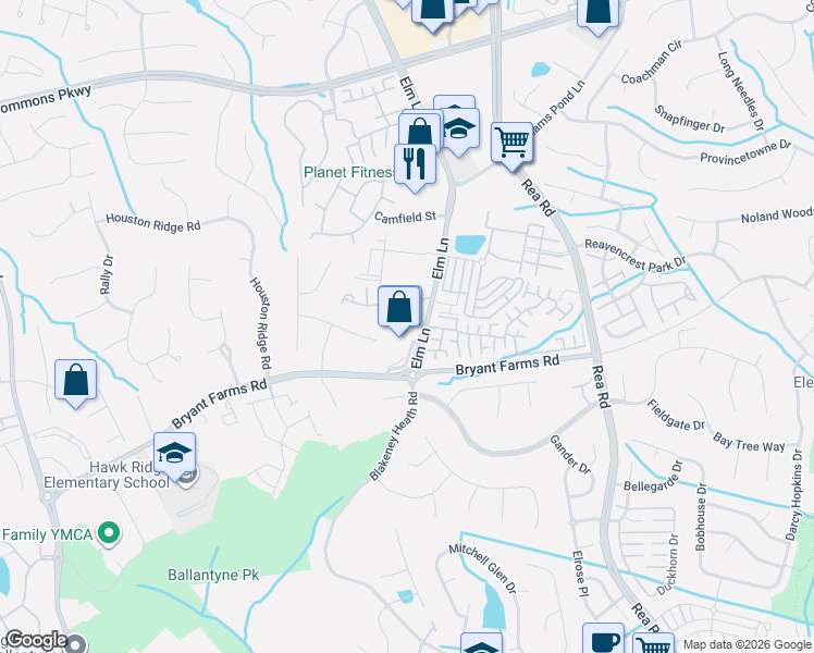 map of restaurants, bars, coffee shops, grocery stores, and more near 11927 Maria Ester Court in Charlotte