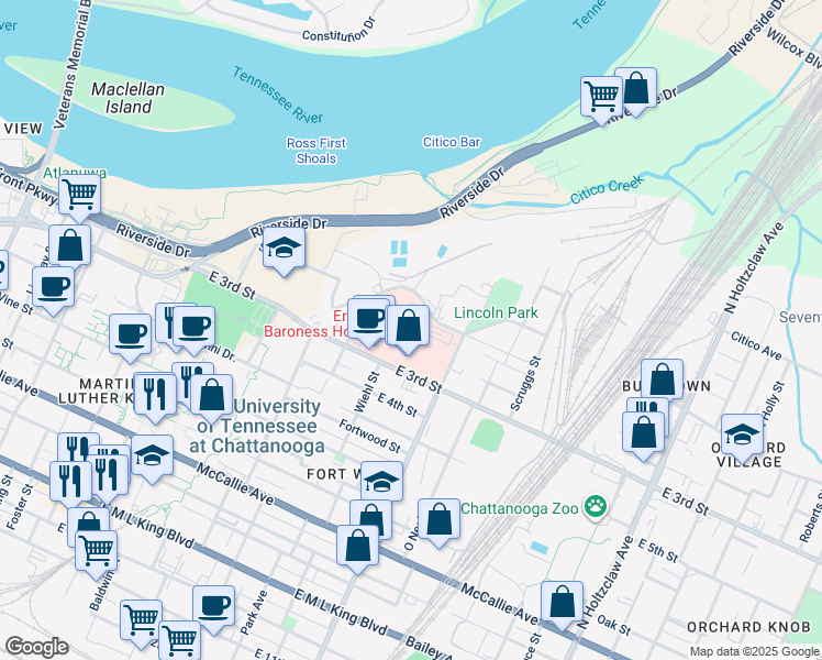 map of restaurants, bars, coffee shops, grocery stores, and more near 975 East 3rd Street in Chattanooga