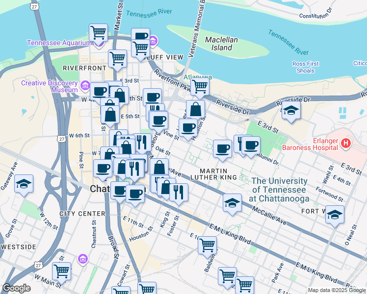 map of restaurants, bars, coffee shops, grocery stores, and more near 422 Vine Street in Chattanooga