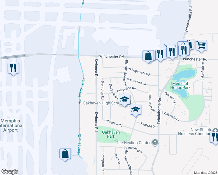 map of restaurants, bars, coffee shops, grocery stores, and more near 3644 Brompton Road in Memphis