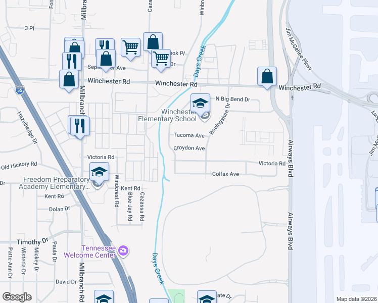 map of restaurants, bars, coffee shops, grocery stores, and more near 1961 Croydon Avenue in Memphis