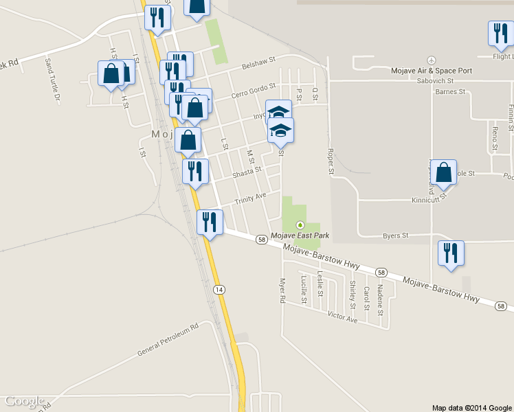 map of restaurants, bars, coffee shops, grocery stores, and more near 15593 M Street in Mojave