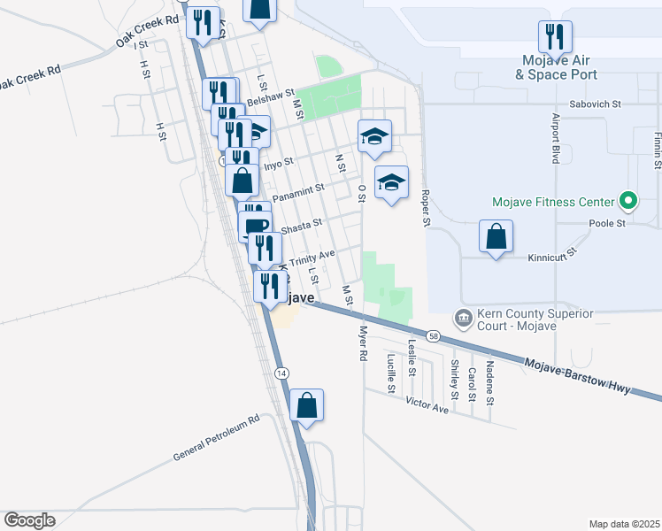 map of restaurants, bars, coffee shops, grocery stores, and more near 15593 M Street in Mojave