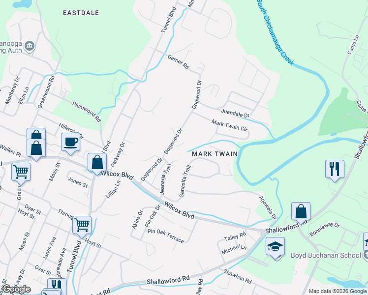map of restaurants, bars, coffee shops, grocery stores, and more near 1805 Bennington Drive in Chattanooga
