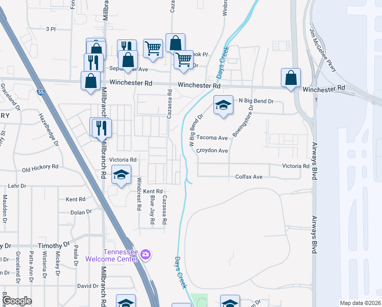 map of restaurants, bars, coffee shops, grocery stores, and more near 3659 West Big Bend Drive in Memphis