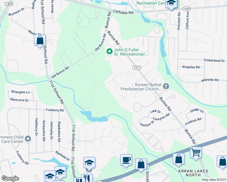 map of restaurants, bars, coffee shops, grocery stores, and more near 6518 Schaffer Place in Fayetteville