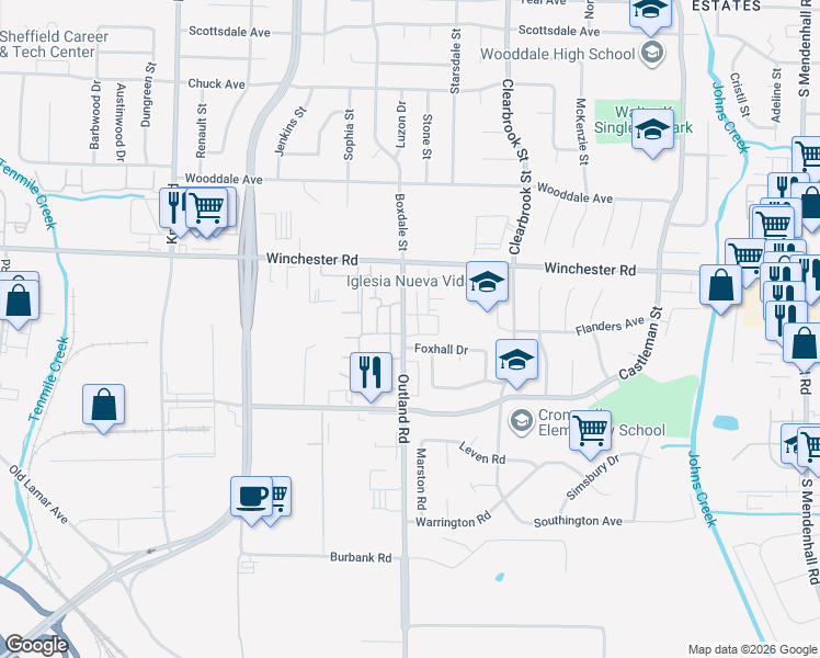 map of restaurants, bars, coffee shops, grocery stores, and more near 3662 Outland Road in Memphis