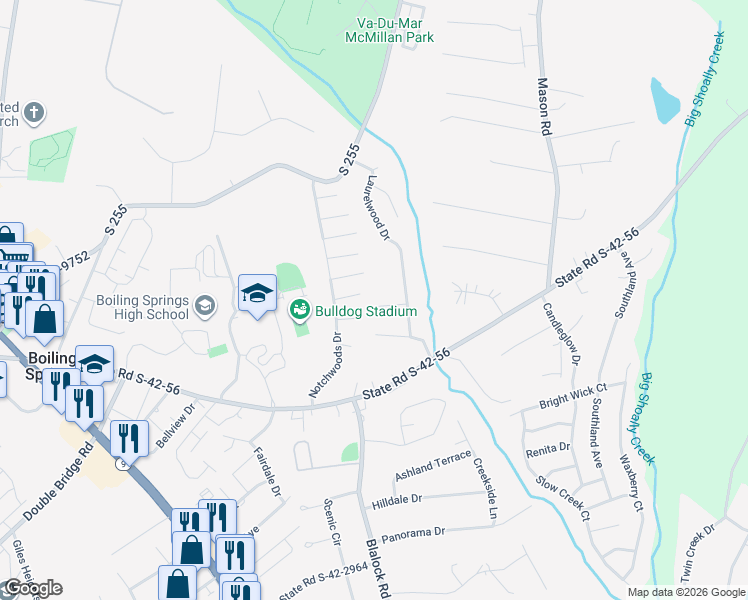 map of restaurants, bars, coffee shops, grocery stores, and more near 104 Diehl Court in Boiling Springs