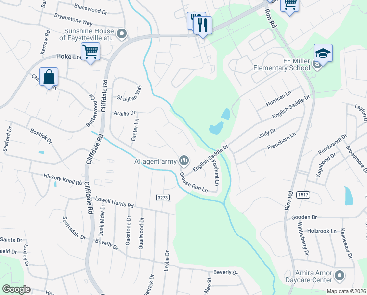 map of restaurants, bars, coffee shops, grocery stores, and more near 1613 Middle Creek Court in Fayetteville