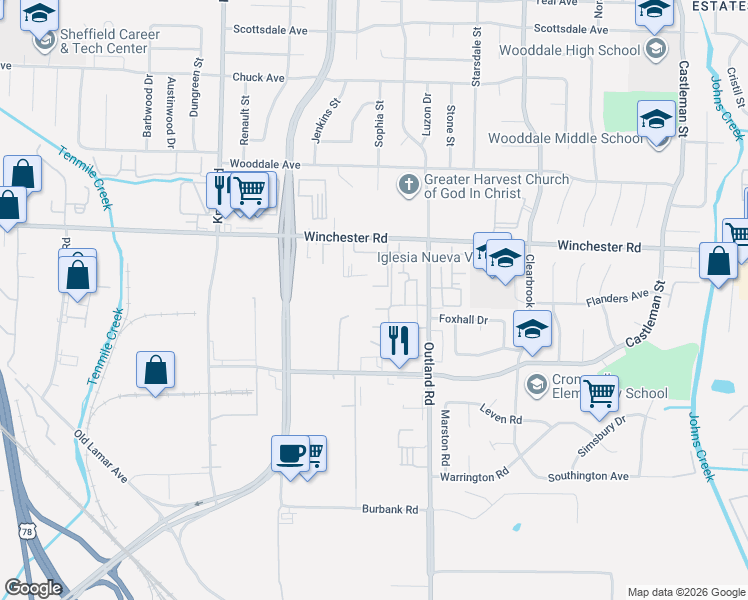 map of restaurants, bars, coffee shops, grocery stores, and more near 4779 Townhouse Way in Memphis
