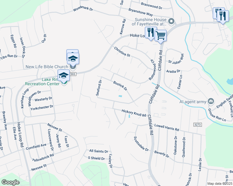 map of restaurants, bars, coffee shops, grocery stores, and more near 612 Bangor Court in Fayetteville