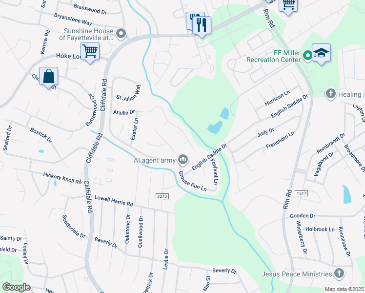 map of restaurants, bars, coffee shops, grocery stores, and more near 1613 Middle Creek Court in Fayetteville