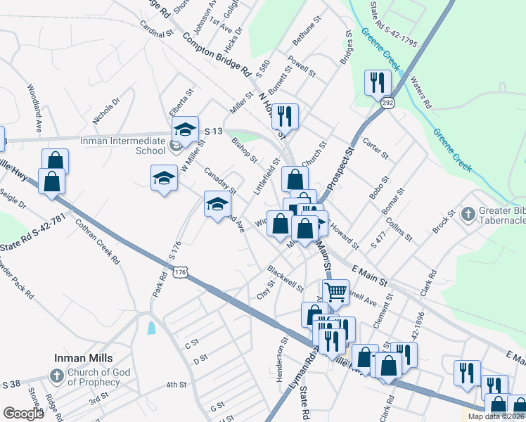 map of restaurants, bars, coffee shops, grocery stores, and more near 156 Wingo Street in Inman