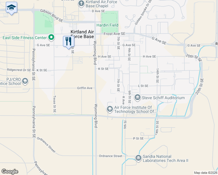 map of restaurants, bars, coffee shops, grocery stores, and more near 2000 Wyoming Boulevard Southeast in Albuquerque