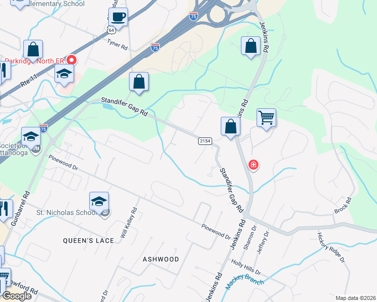 map of restaurants, bars, coffee shops, grocery stores, and more near 7616 Standifer Gap Road in Chattanooga