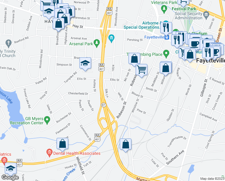 map of restaurants, bars, coffee shops, grocery stores, and more near 715 Italy Street in Fayetteville