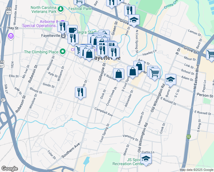 map of restaurants, bars, coffee shops, grocery stores, and more near 225 Dick Street in Fayetteville