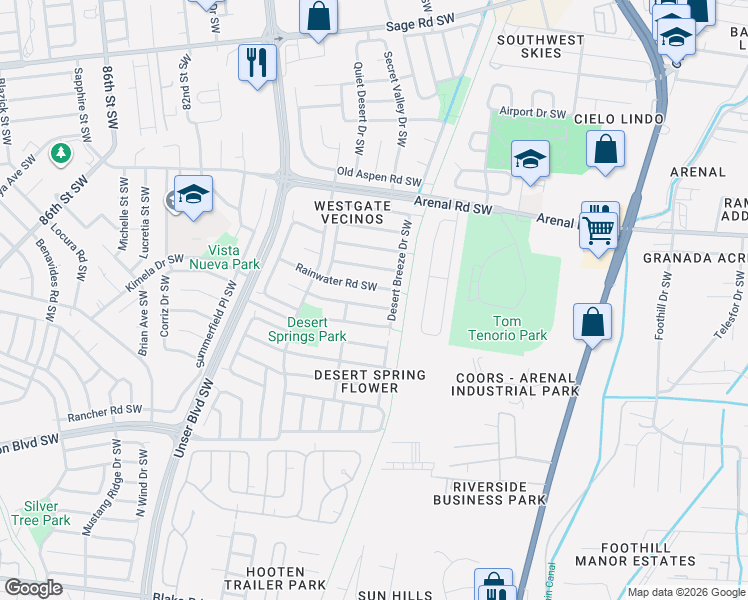 map of restaurants, bars, coffee shops, grocery stores, and more near 7304 Rainwater Road Southwest in Albuquerque
